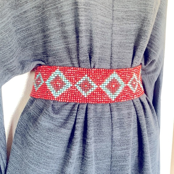 BEADED STATEMENT BELT red, blue/maroon diamonds. Stretchy. VINTAGE, ARTISAN M